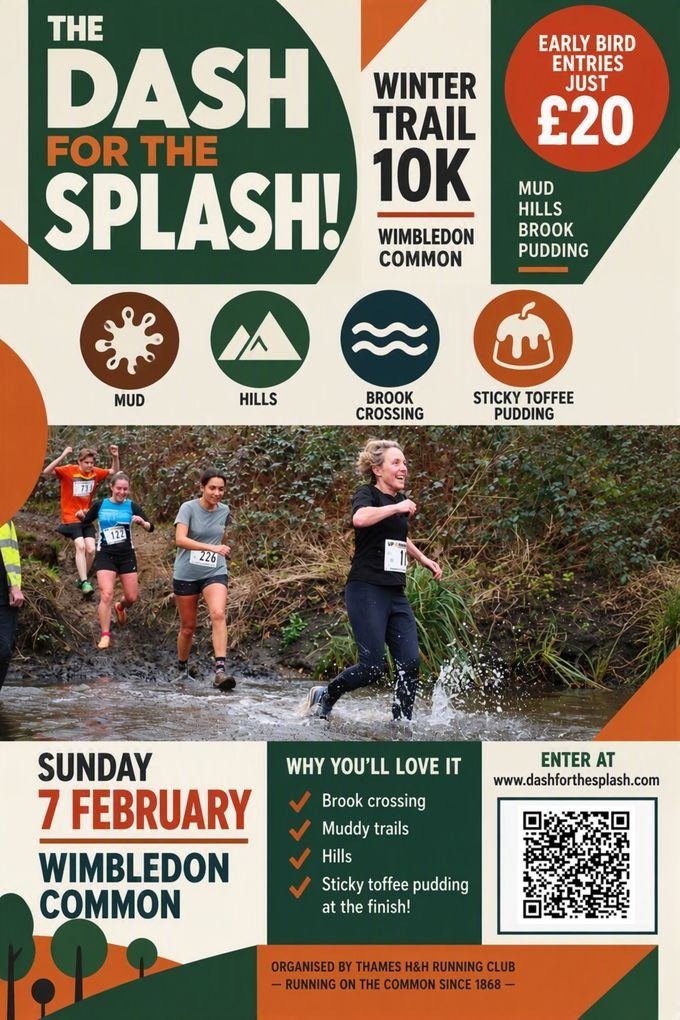 Dash for the Splash 2027 poster – Sunday 7 February, Wimbledon Common. Click for full size.